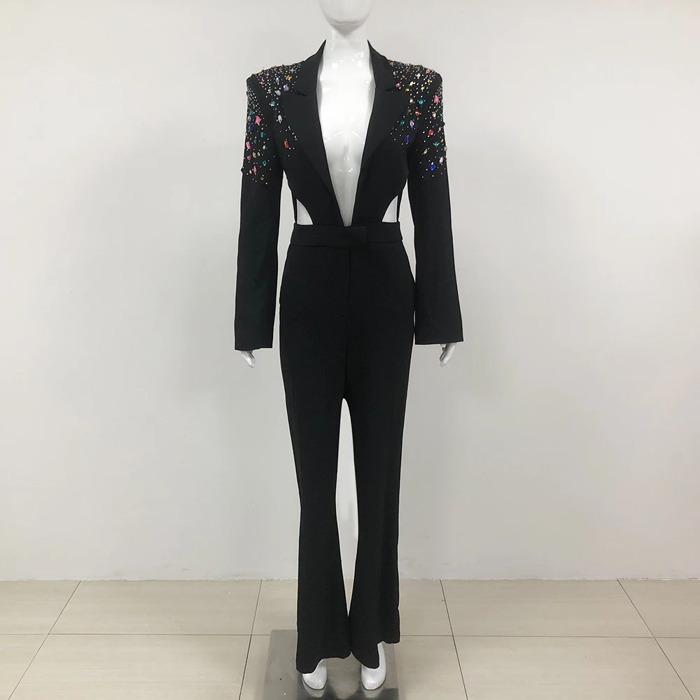 KLEEZY New Women's Fashion Sexy Hollow Colorful Diamond Suit Long Jumpsuit Formal Suit Two-piece Suit