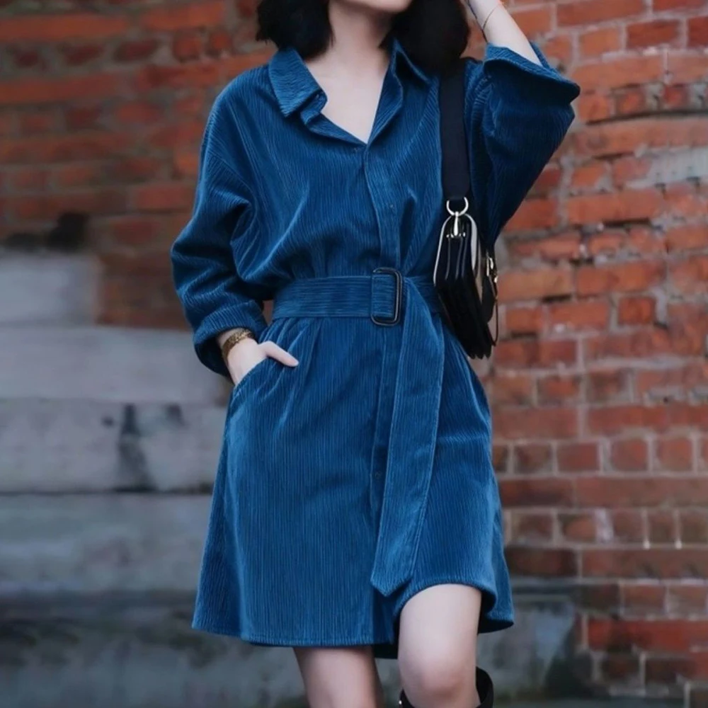 

Blue lapel shirt corduroy dress 2026 new popular this year, beautiful skirt for important occasions vestidos de mujer