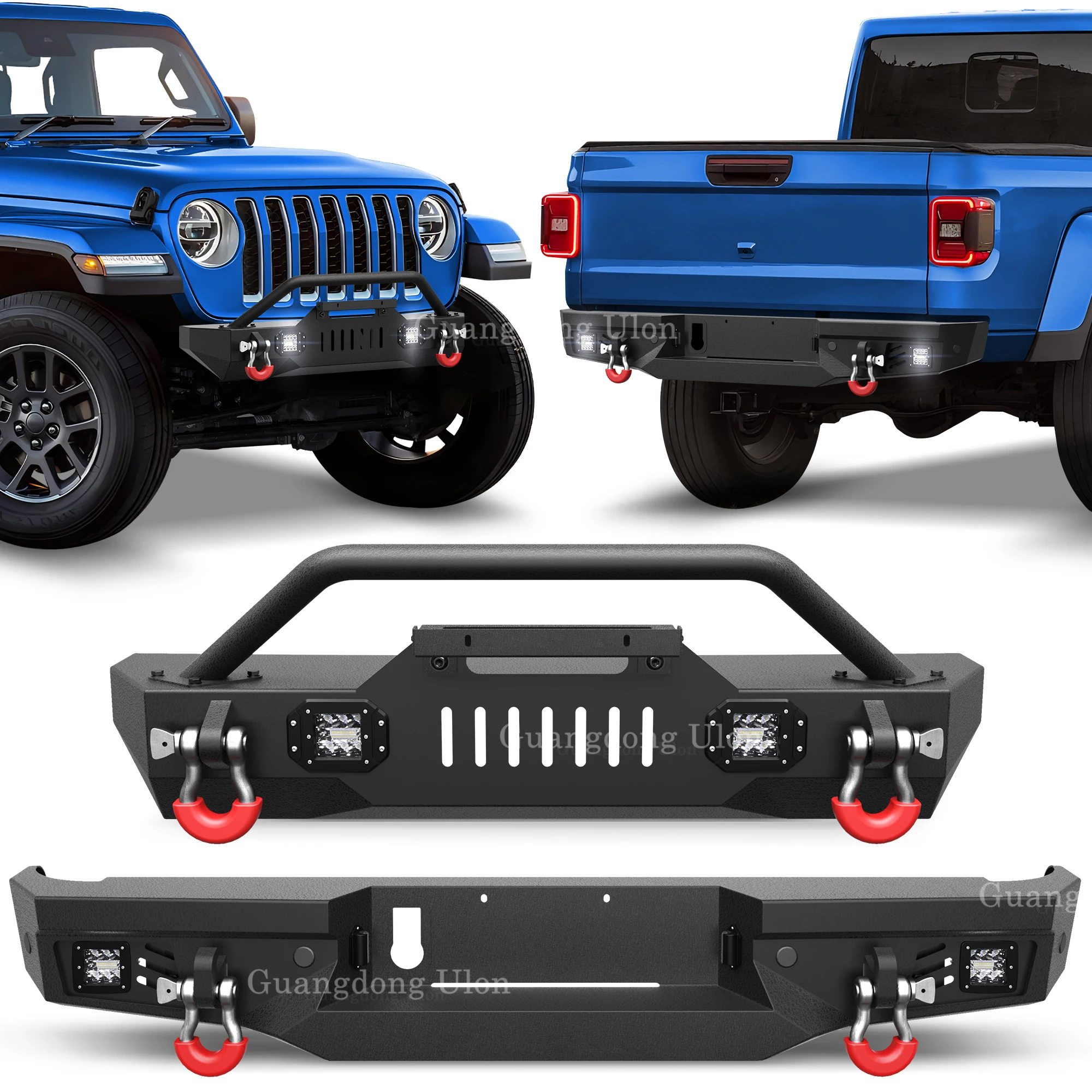 Front And Rear Bumper For JT Gladiator Textured Black With D-ring And 18W Square Light Fit Jeep Gladiator 2020-2024