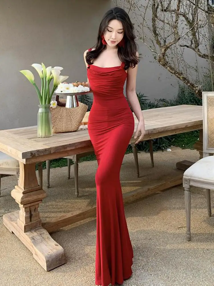 

Vintage Women Red Sexy Sleeveless Pleated Slip Long Dress Summer Slim Elegant Backless Birthday Party Fishtail Dress Simplicity