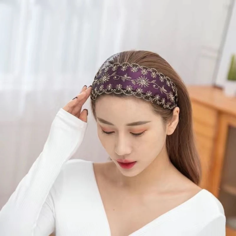 

Korean Style Female Hair Accessories Women Ladies Rhinestone Lace Mesh Hairbands with Wide Edges Anti-Slip Hair Clips Headdress