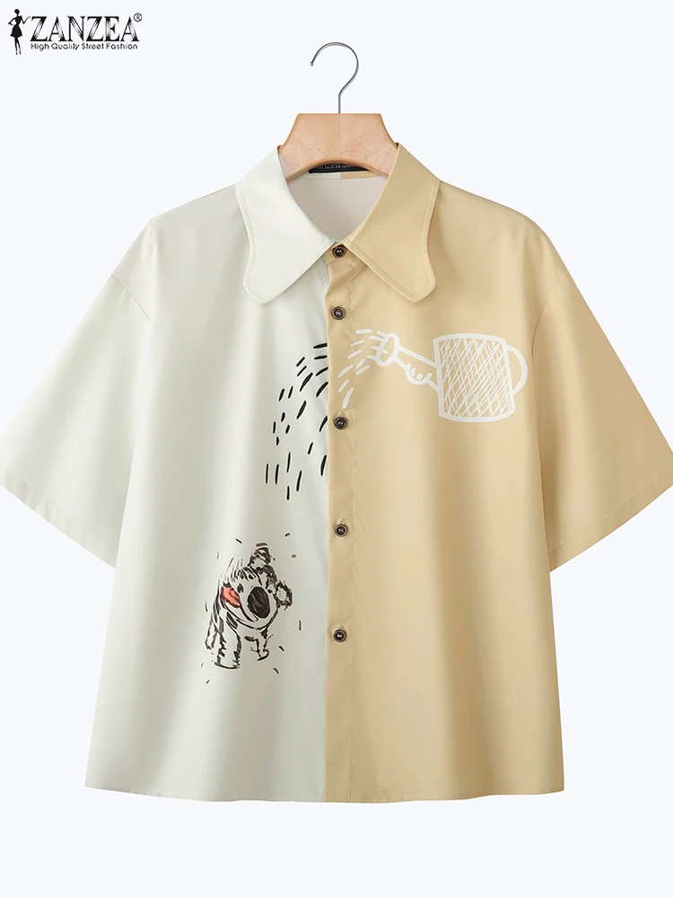 ZANZEA Fashion Printed Shirts Women Short Sleeve Patchwork Blusas Turn-Down Collar Casual Loose Tunic Summer Tops Oversized