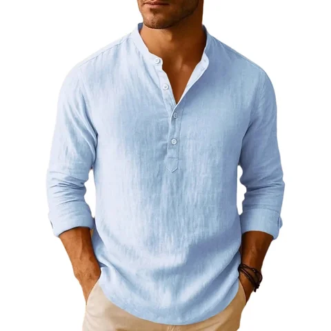 Nowe męskie koszule na co dzień Lekkie bawełniane koszule z długim rękawem Henley na plażę Lniane koszule Hawajskie oddychające topy z kołnierzykiem