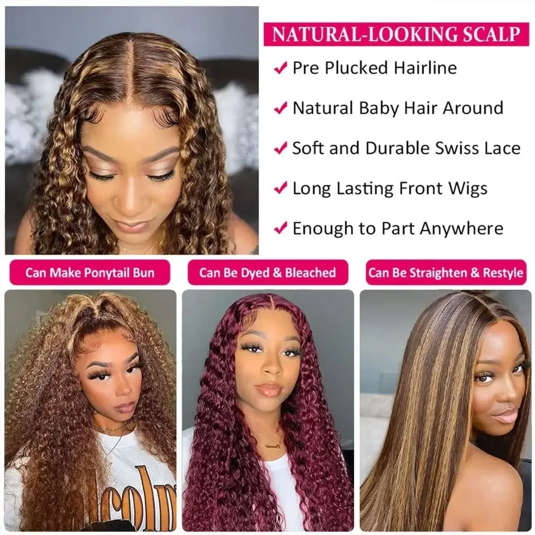 Swupod 13x4 13x6 HD Lace Front Perücke für Frauen Kinky Curly Deep Wave Remy Echthaar P4/27 Ombre Blonde Brown Highlight Glueless