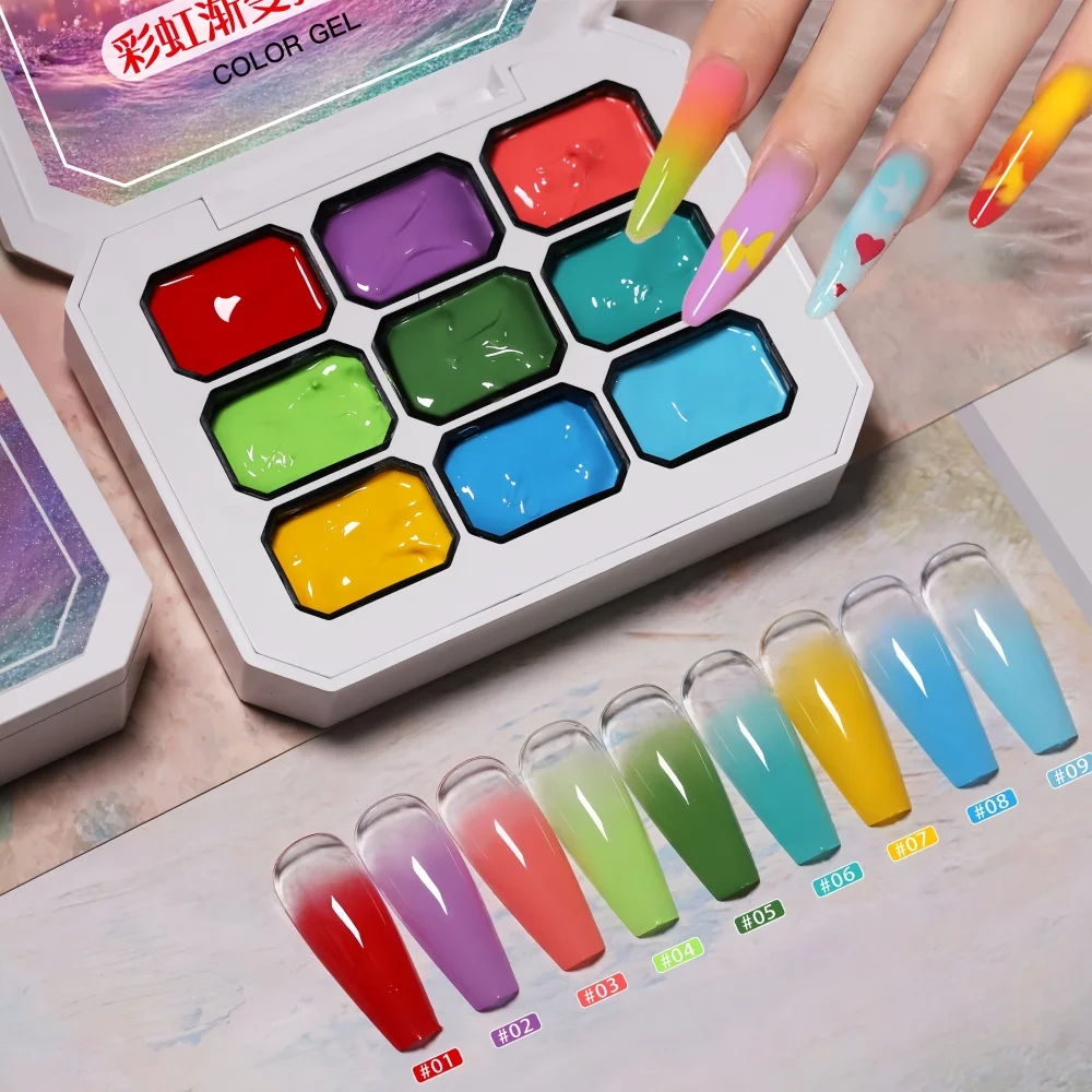 

Rainbow Gradient Solid Nail Polish Gel, Colorful Manicure Jelly 9 Grid, Fashion LED Washable Gel, Creamy Texture, Salon Quality