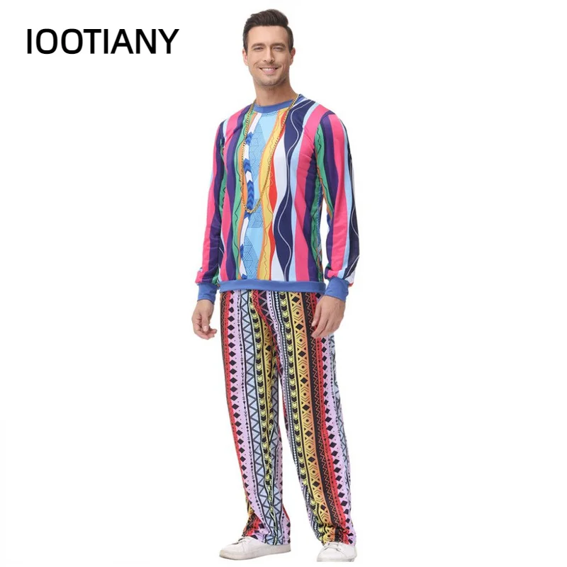 

Iootiany Halloween Adult Men 70s Hippie Cosplay Costume Carnival Music Festival Rock Bar Top Pants Retro Disco Stage Party Suit