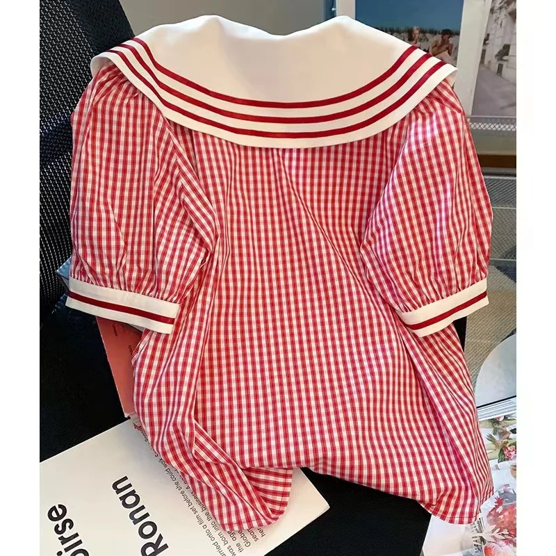 Korejpaa Sweet Women Shirt Preppy Style Navy Collar Short Sleeved Plaid Shirts Casual Korean Fashion Spring Summer Tops Mujer