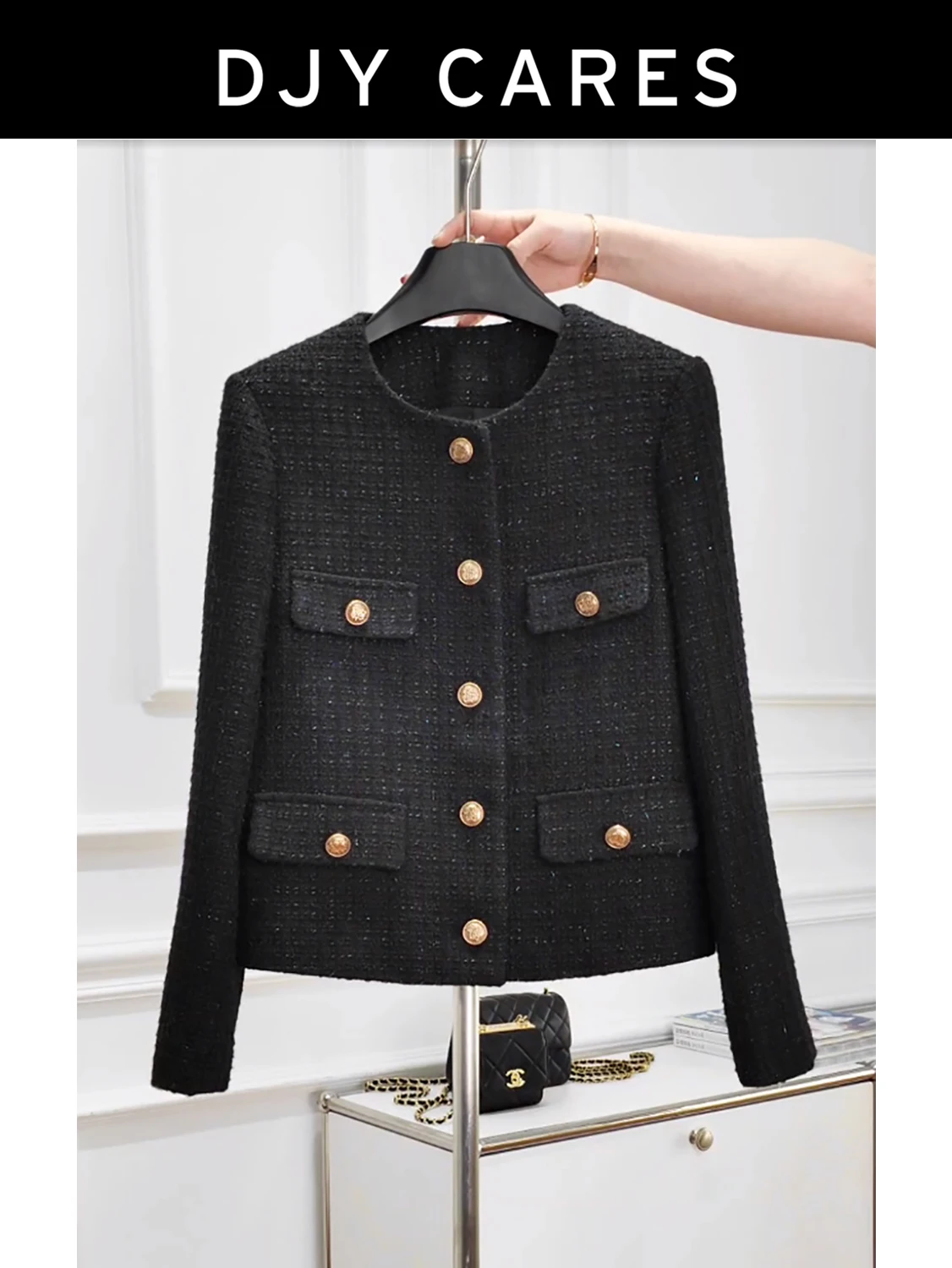 

Новое светское пальто из грубого твида, черный топ из шерстяной ткани