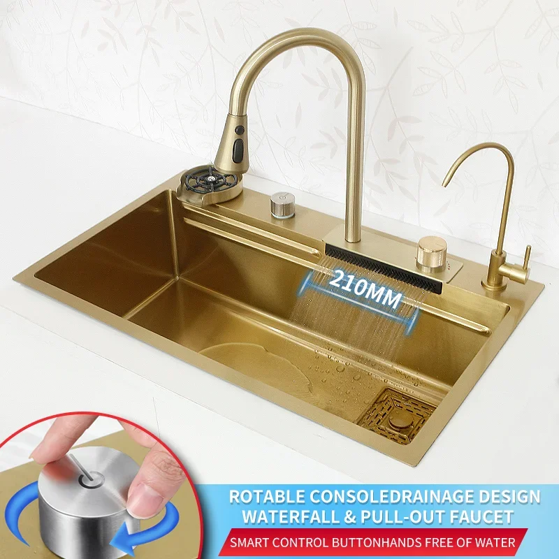 Waterfall Kitchen  Gold Stainless Steel  Faucet Nano Large Size Wash Basin Multi Function  Dishwasher