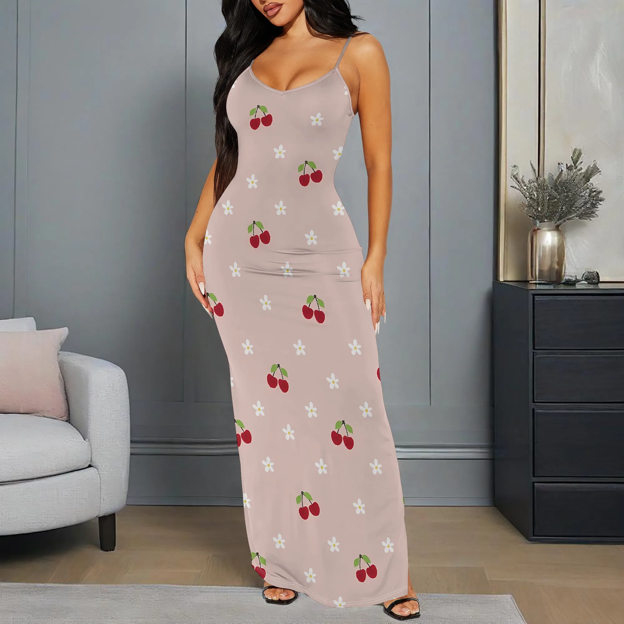 

EQQZD Sexy Sleeveless Round-Neck Halter Maxi Dress, Elegant Fruit Pattern Print Bodycon Dress for Women