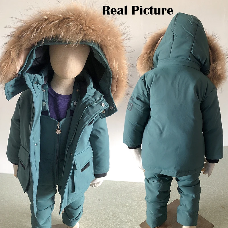 Bambini Down Suit inverno vera pelliccia collare neonate tuta da neve cappotto 2 pezzi Set bambini Outwear e tuta Warm Boy tuta da sci 1-5Yrs