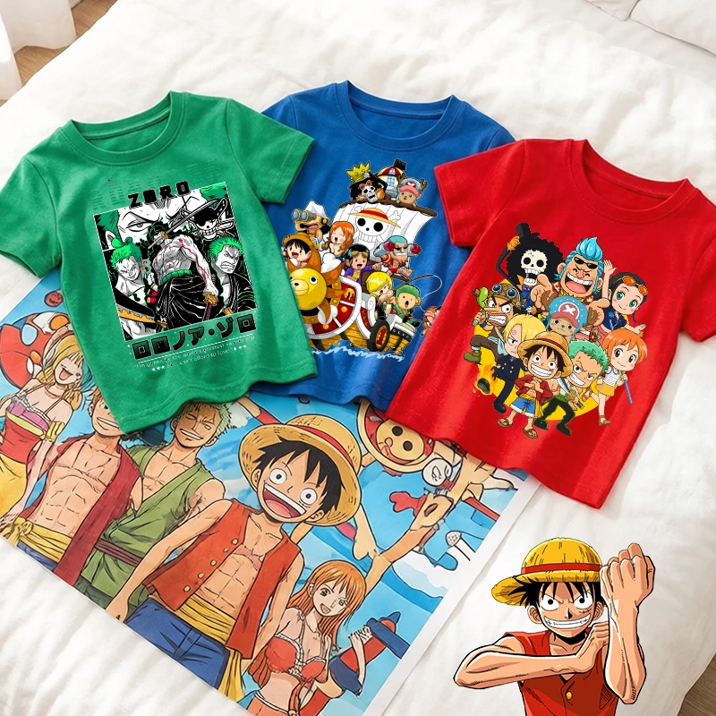 

One Piece Anime Zoro & Luffy Print 100% Cotton Kids T-shirt Streetwear Casual Short Sleeve Tops for Boys Toddlers