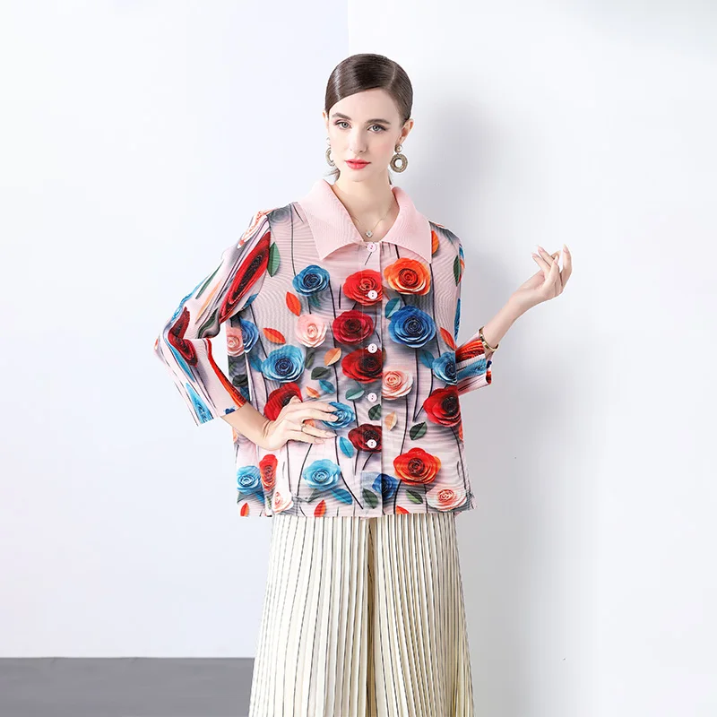 

Gorgeous 3D Rose Miyake Pleated Blouses Shirts For Women High Stretchy Batwing Sleeve Floral Print Casual Loose Chiffon Tops