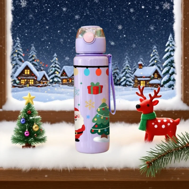 Botella de agua navideña con estampado 3D, bonito diseño de reno de Papá Noel, taza de agua de plástico de alta apariencia con dibujos animados de 700ML, a prueba de fugas