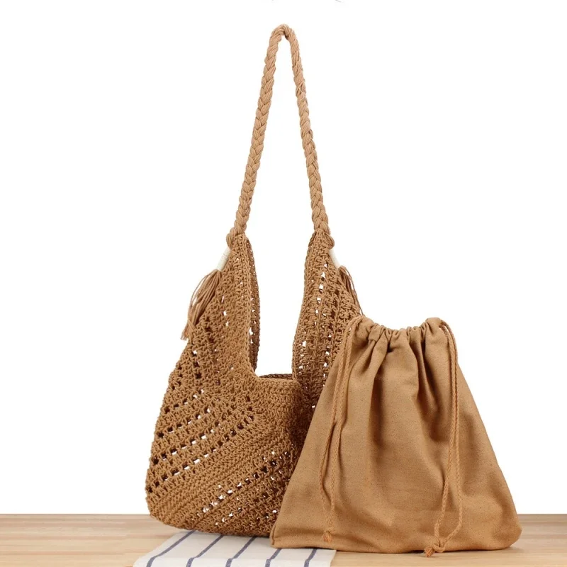 2 Piece/set Hollow Out  Tassel Hand-woven Cotton Rope Braid Shoulder Bag for Women 2024 Summer Bohemian Beach Travel Tote Bag