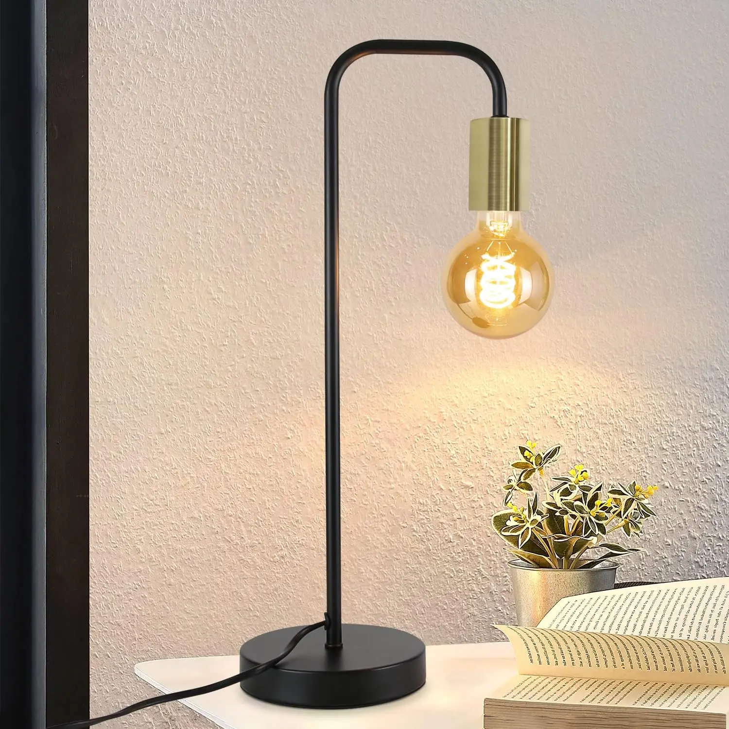 Tischlampe Vintage Nachttischlampe Wohnzimmer - Schwarz Gold Industrial E27 Tischleuchte Kinder in Schlafzimmer Nachtlicht aus Metall Schreibtischlampe mit Kabel für Nachttisch