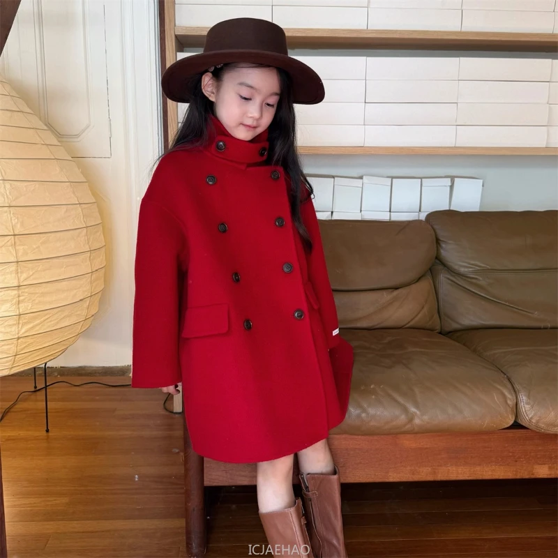 Teen Girl Clothes 2025 Children Vintage Wool Double Faced Girls Red Coat Kids Outerwear CostumeHandmade Double Breasted Elegant