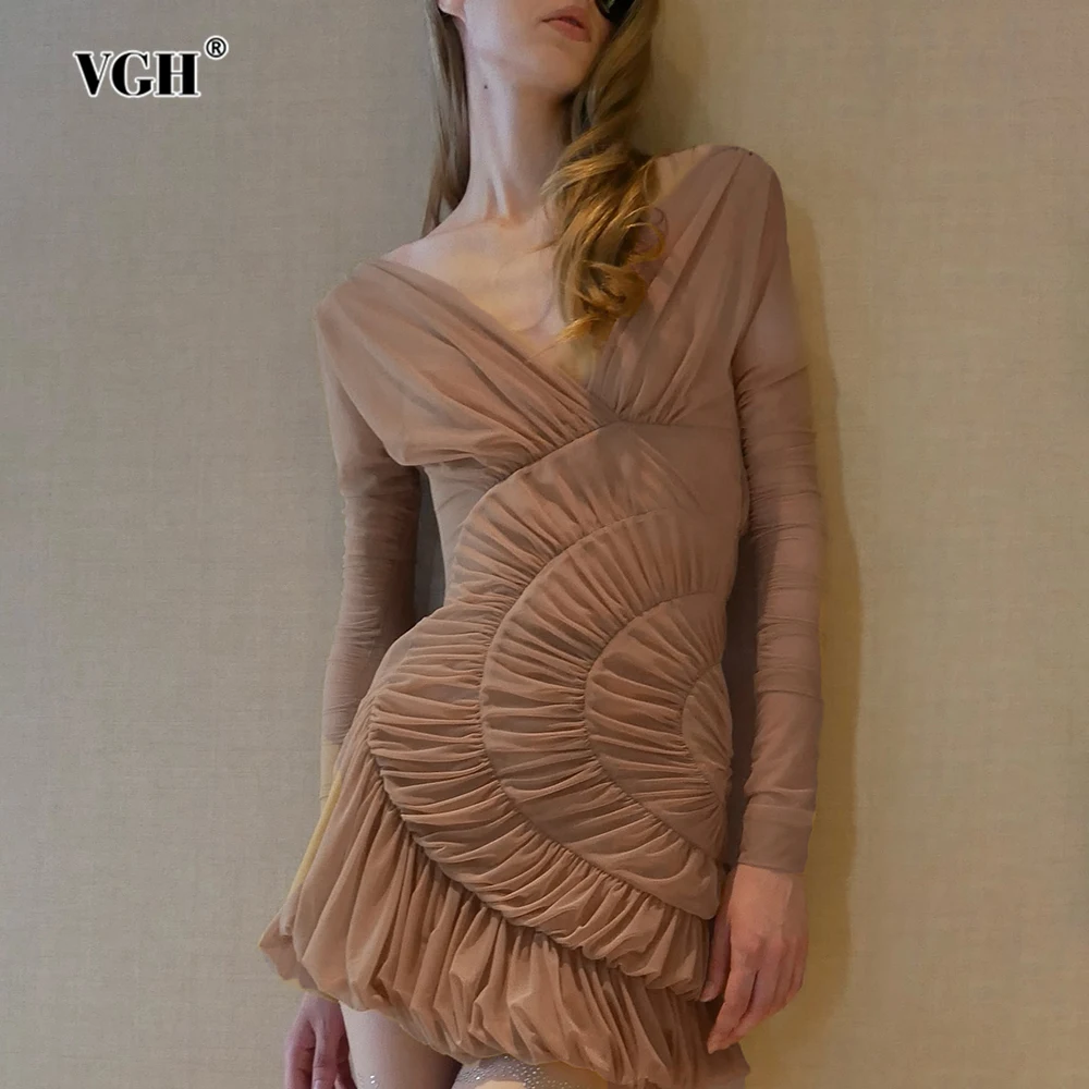 VGH Solid Slimming Folds Sheer Mesh Mini Dresses for Women Deep V Neck Long Sleeve High Waist Party Sexy Dress Female Style New