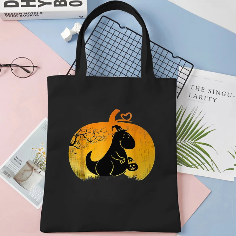 Canvas Tote Bags Cartoon Dinosaur and Pumpkin Women Shoulder Bag Fashion Spooky Halloween Graphic Shopping Bag Reusable Handbag image 5