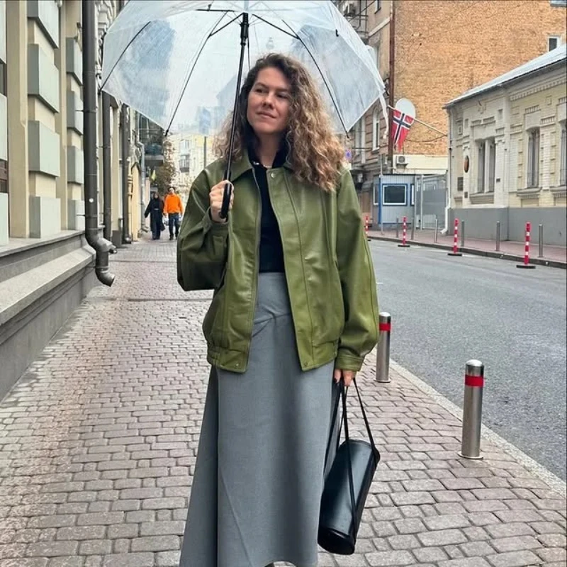 Oligai осень-зима оливково-зеленая куртка из искусственной кожи