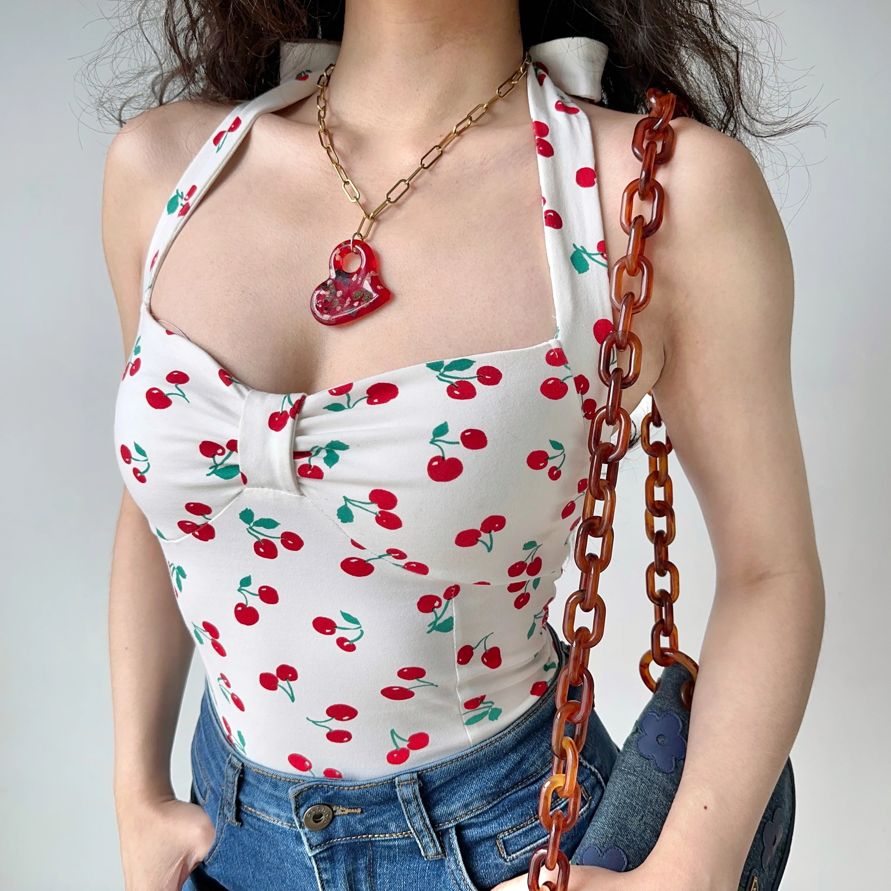 European and American style cherry print bow neck vest female slim suspender short top