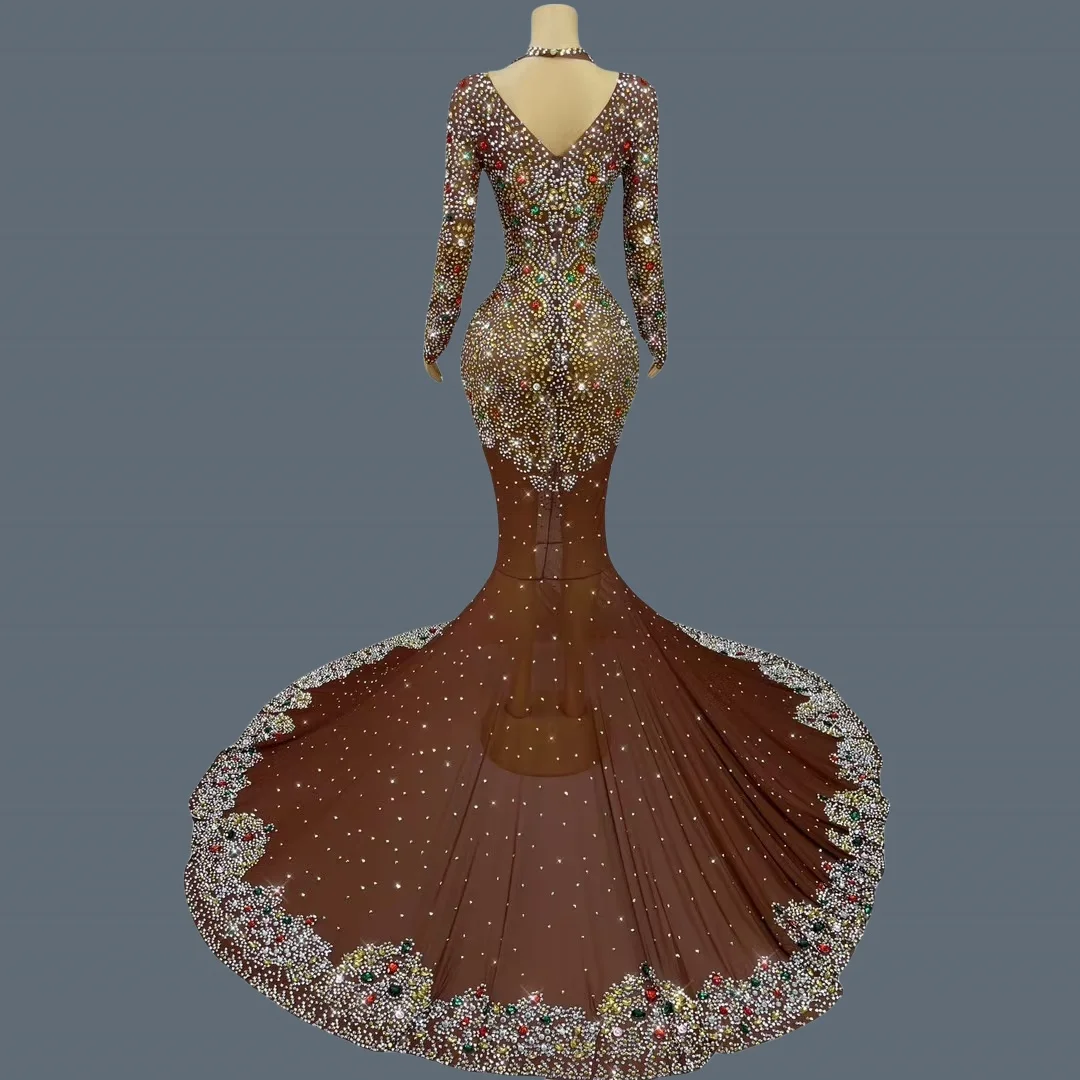 Luxury Celebrity Dress Sparkly Crystals Floor-length Dress Birthday Celebrate Party Photo Shoot Wear Brown Sheer Mesh Gown Jinzi