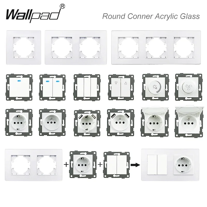 Touch Light Switch With EU Power Wall Sockets White Black 300W Led 1 Gang 1 Way Crystal Glass Panel Interruptor 157mm*86mm