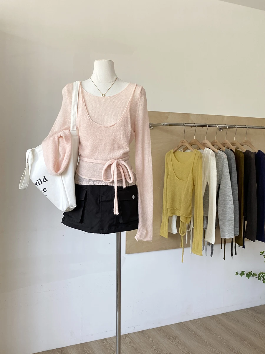 

Весна 2025 г., корейский утягивающий вязаный укороченный топ, женский модный длинный пуловер из полиэфирного волокна, круглый пуловер Ne