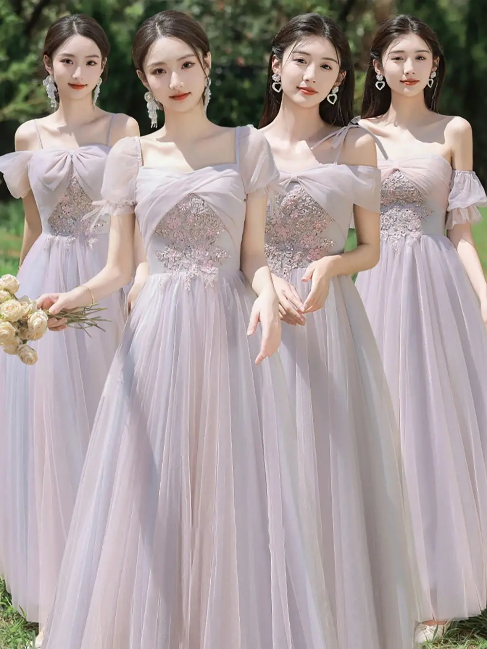 

Fairy Tulle Bridesmaid Dress for Women Wedding Party Guest Sister Embroidery Floral Slim Long Dresses Dusty Pink Evening Gown