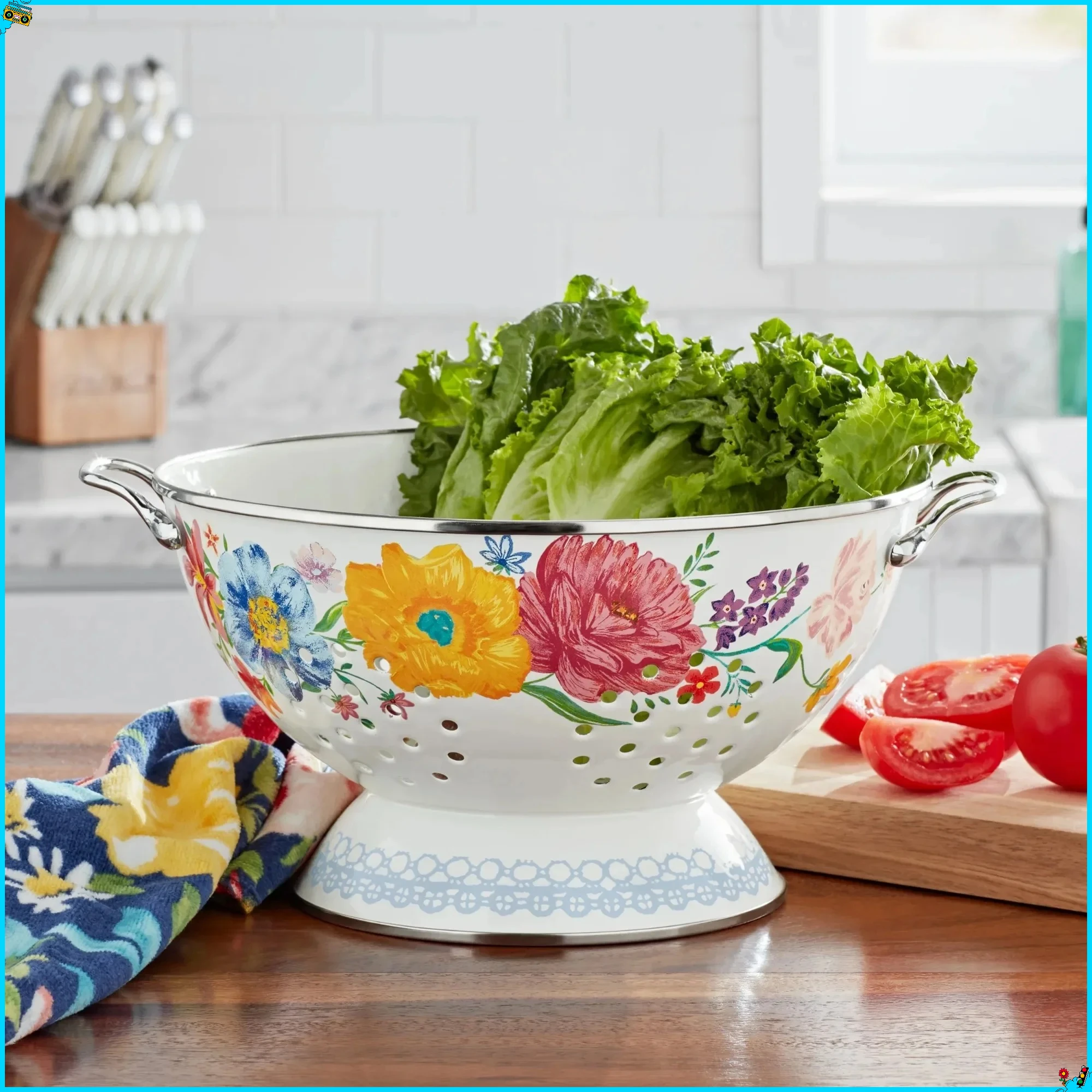 

5QT Enamel Steel Colander, Brilliant Blooms Design, For Washing Veggies, Pasta, Fruits, Lightweight & Easy to Clean, Durable