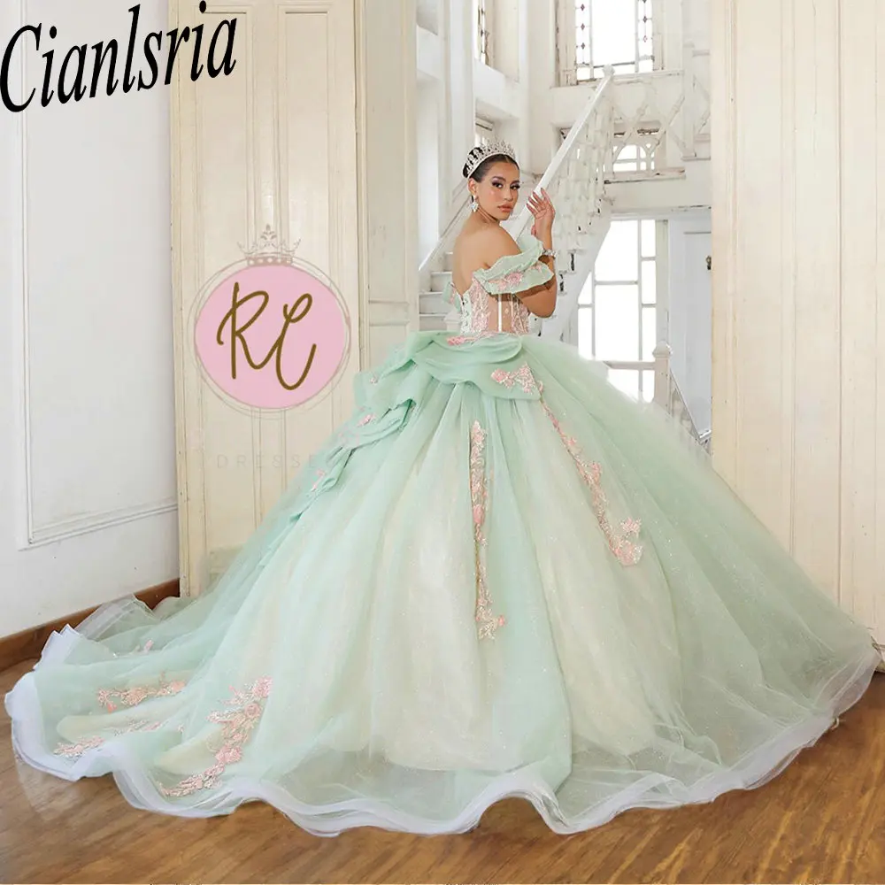 Gorgeous Illusion Ruffles Princess Ball Gown Quinceanera Dresses Off The Shoulder Pink Appliques Lace Corset Vestidos De 15 Años