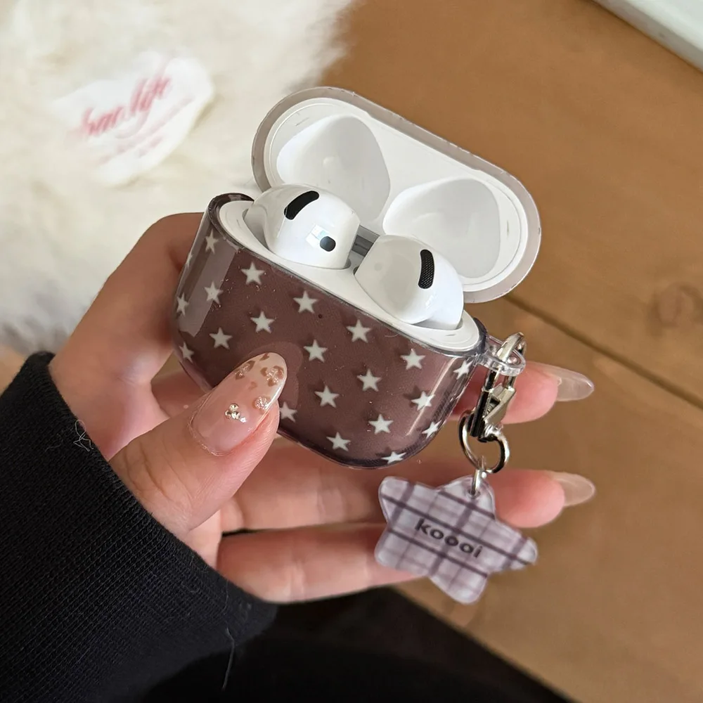 เคสหูฟังแบบนิ่มลายสก็อตสีน้ำตาลใส พร้อมจี้ดาวน่ารัก ป้องกันการตกกระแทก สำหรับ AirPods 1 2 3 4 Pro 3 2