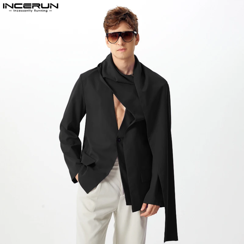 INCERUN Tops 2024 American Style Fashion Men Collarless Design Shawl Suit Coats Personality Male Solid Long Sleeved Blazer S-5XL