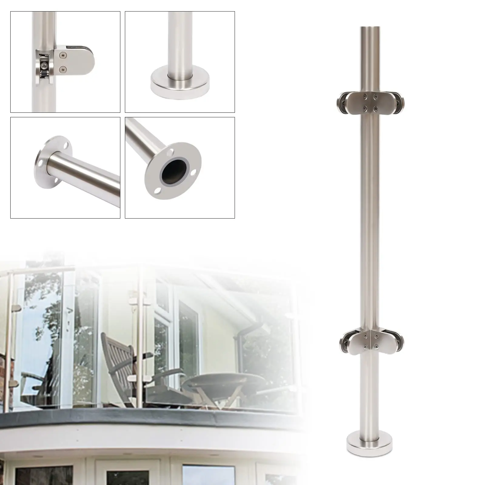 Glass Railing Post, Silvery Stainless Steel Glass Clamp Post Glass Balustrade Railing, Railing Corner Post Railing Fence Pole Ha