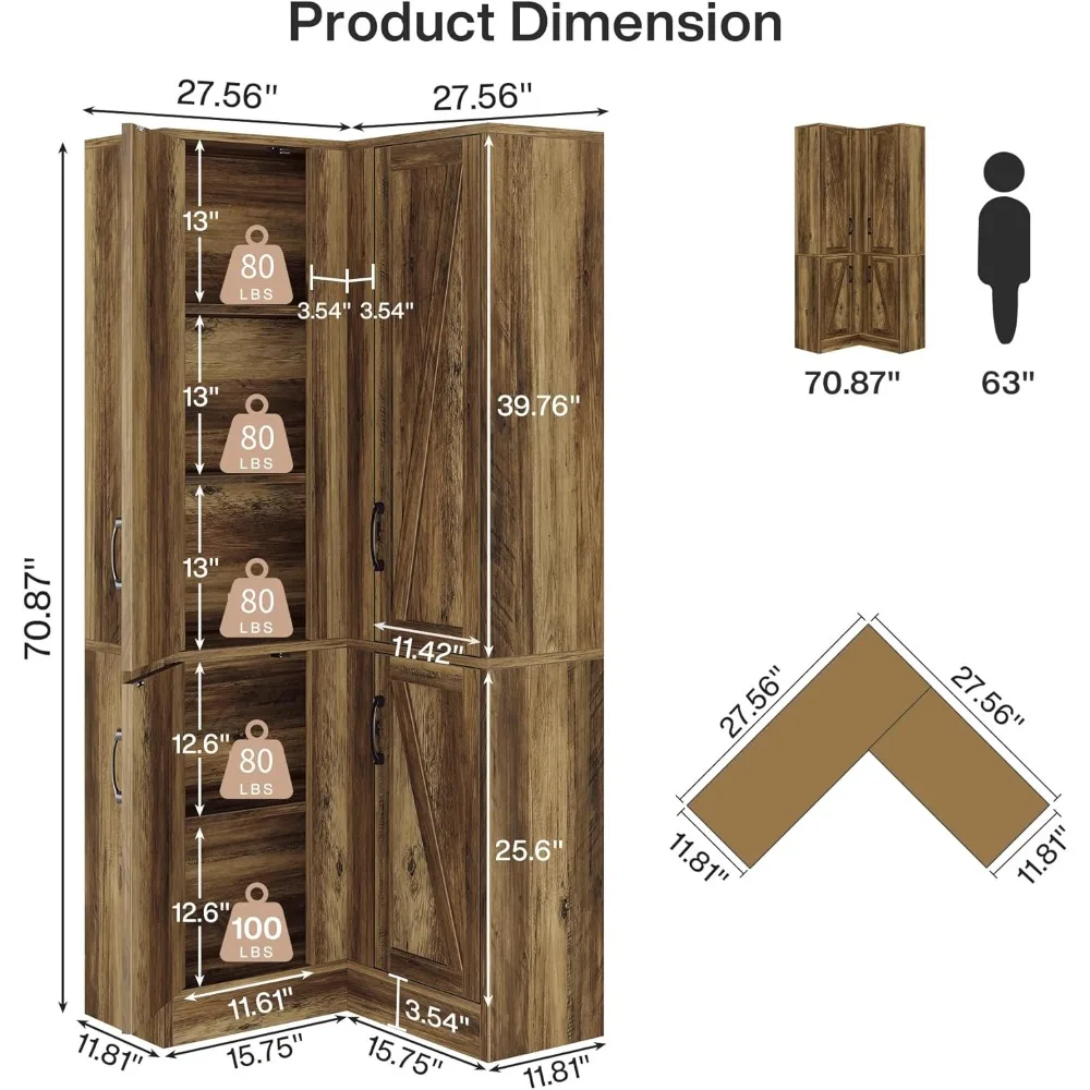 Estantería esquinera grande de madera en forma de L de 5 niveles de 71 pulgadas de alto con puertas para almacenamiento