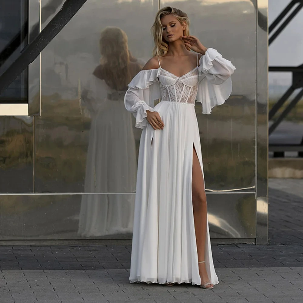 Simple Boho Chiffon Wedding Dress Sweetheart Floor Length Backless For Women Bridal Gowns White Lace Appliques Side Slit Robe