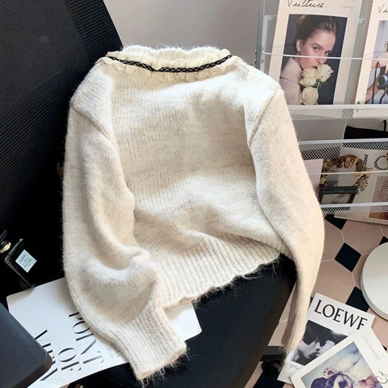 Women Knit Cardigan Sweet Preppy Bow Button Patchwork Spring Autumn O Neck Sweater French Small Fragrance Long Sleeve Chic Tops