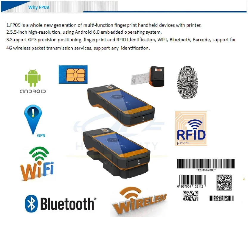 HFSecurity FP09 Mobile Android GPS GPRS RFID Fingerprint Handheld Smart Terminal PDA Reader