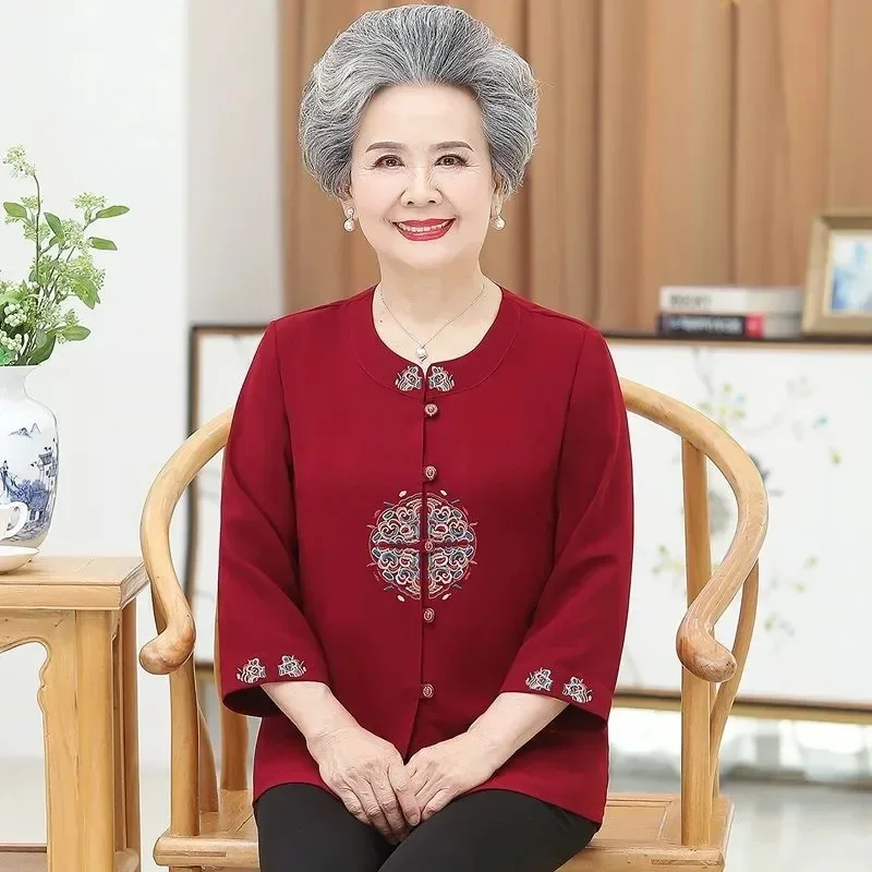 

Women Cardigan Shirt Embroidery Blusa Elderly People Shirts New Spring Summer Three Quarter Sleeve Grandma Blouse Middle Age