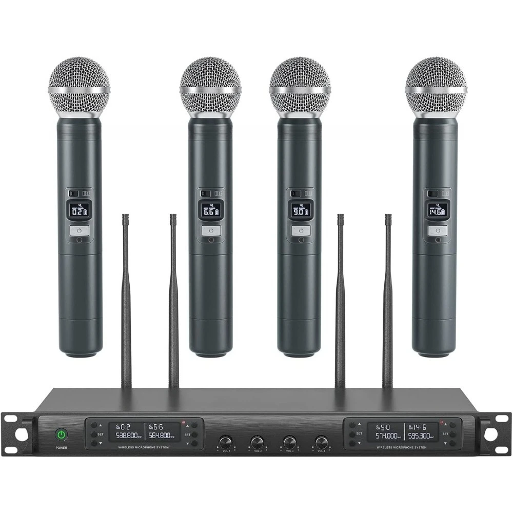 

Четырехканальная беспроводная микрофонная система UHF с 4 ручными микрофонами, автоматическим сканированием, дальностью действия 100 м для церкви и караоке