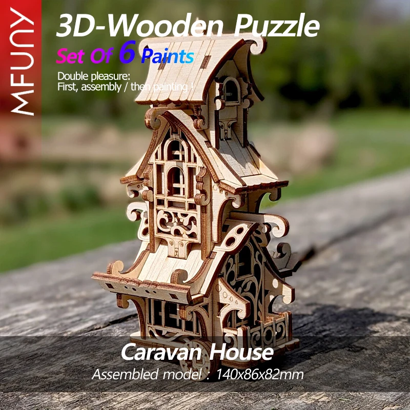 Mfuny 3D Wooden Puzzle Assemble Model Fantasy House Series - Caravan House Wooden Building Blocks for Brain Training And Fun