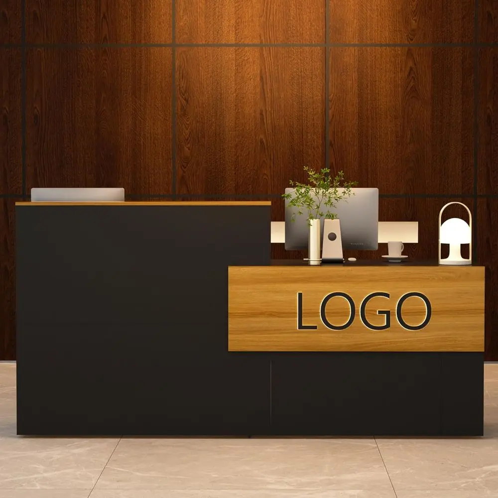 

Большая современная деревянная стойка регистрации с полками для хранения вещей для коммерческих помещений, салонов красоты и офисов черного цвета