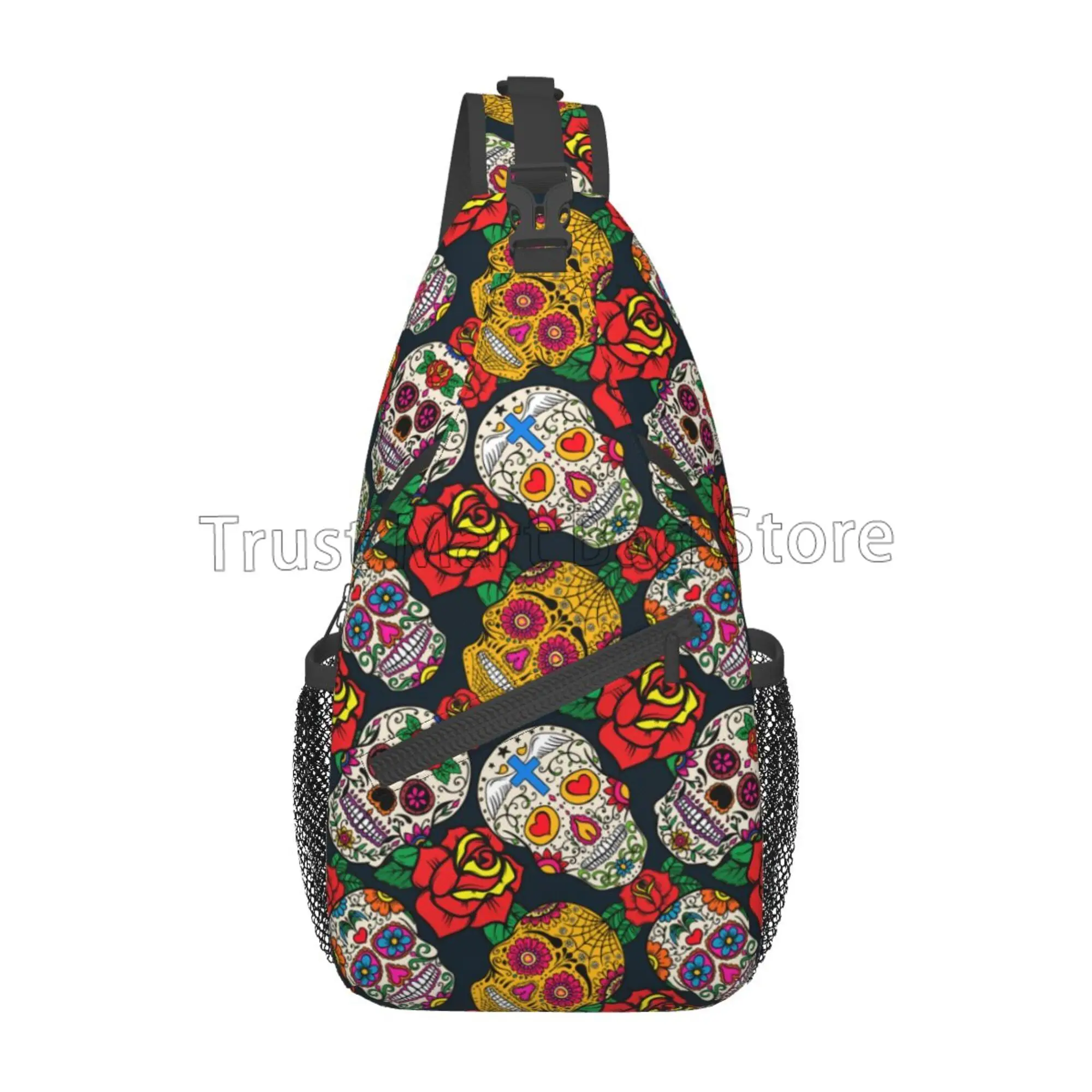 Sac à bandoulière à fleurs crâne de sucre mexicain, sac à dos à bandoulière de voyage, sacs de poitrine légers, sac à dos décontracté initié pour le sport, la randonnée