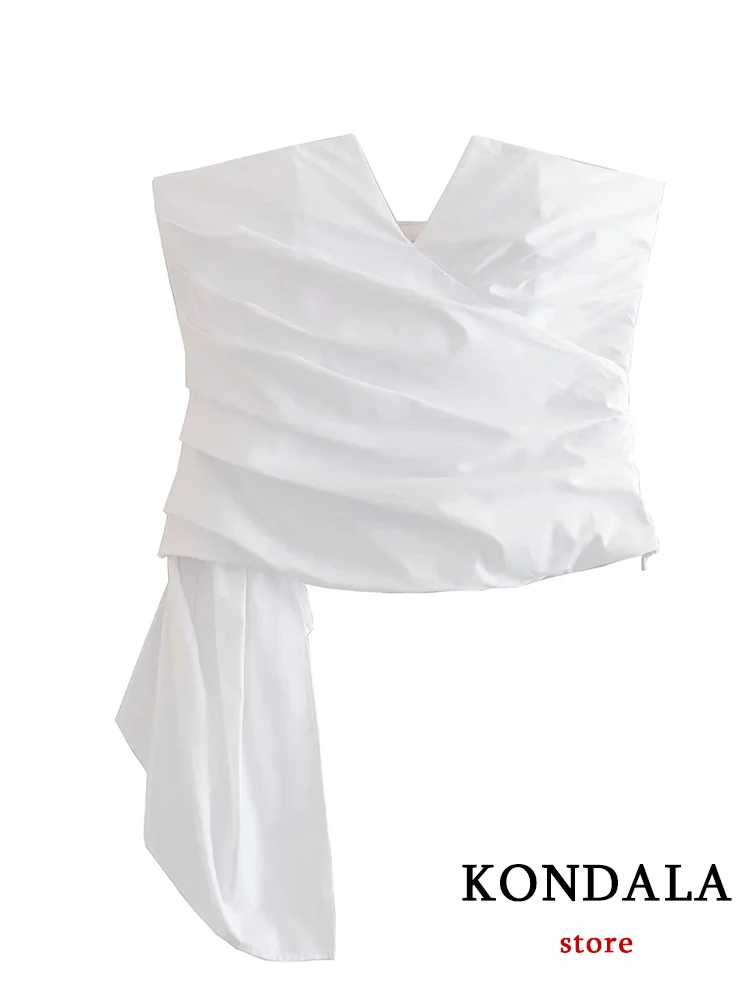 KONDALA New Chic Sexy Solid White Sheath Short Asymmetrical Y2K Women Strap Top Fashion 2023 Pleated Zip Cool High Street Vest