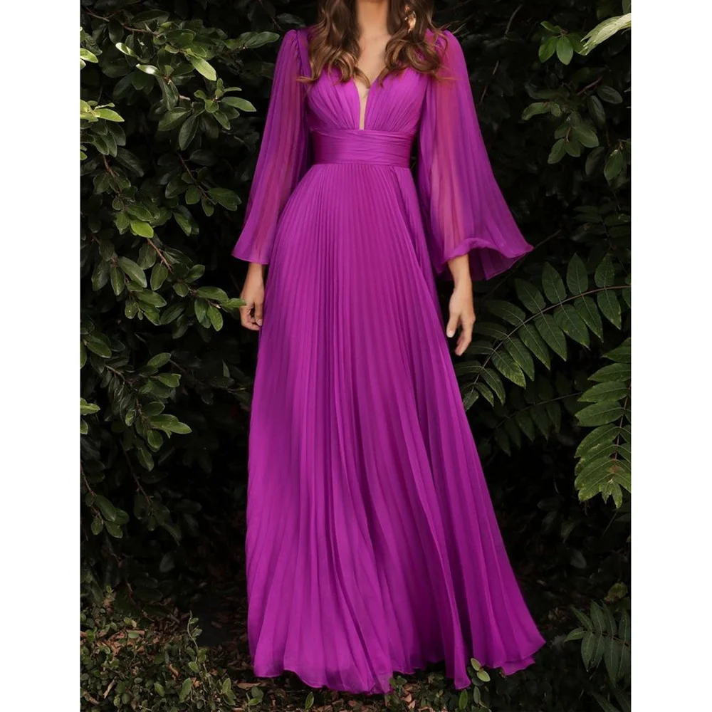 Lightweight Soft Chiffon Long Sleeves Evening Dress New Fashion Female Floor Length Party Prom Gowns