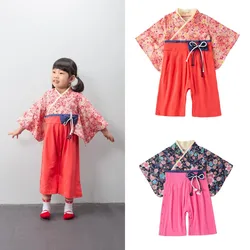 Kids Japanese Kimono Style Baby Girls Clothes Toddler Infant Cotton Kimono Jumpsuit Clothes Costume Pink Red Patchwork Outfit