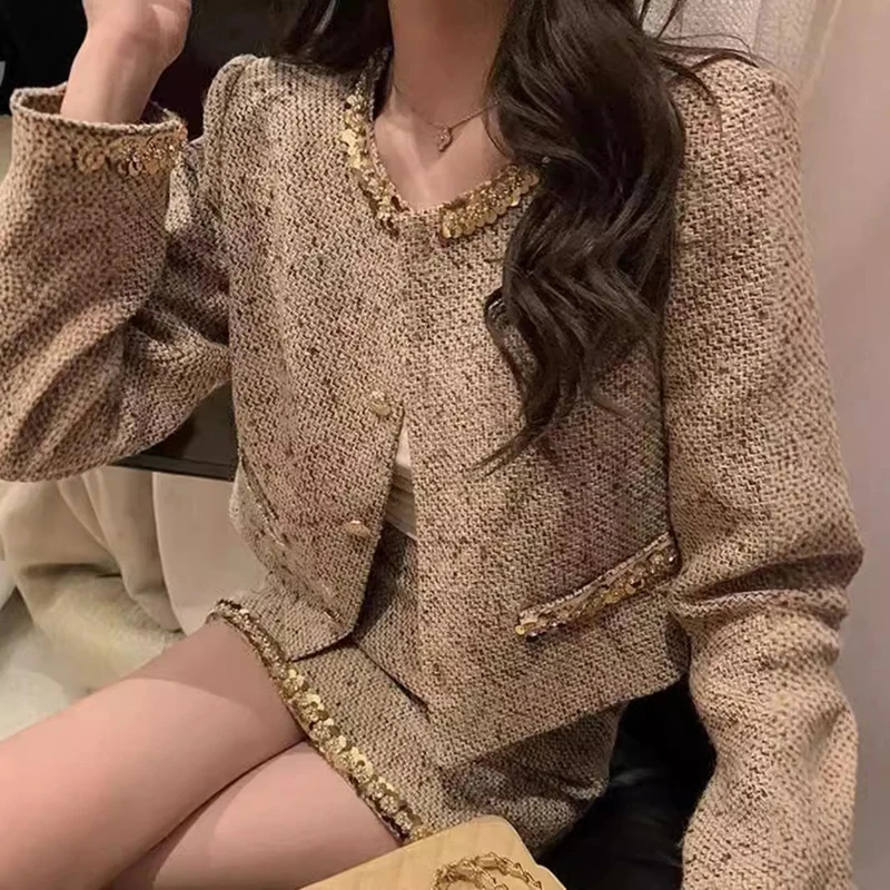 Autumn Winter Women Long Sleeve Metal Button Embroidered Flares Jacket Suit +Zip Mini Skirt Female Tweed Two Pieces Dress Sets