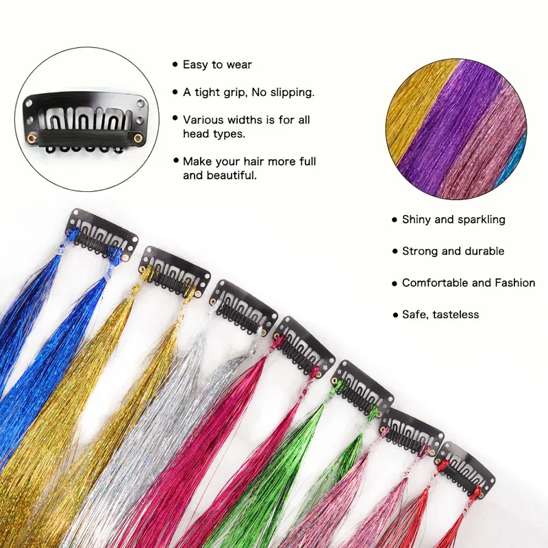 Synthetic Glitter Colored Hair Extensions with Metal Wire Clip Traceless Hair Strands for Quick Style Change