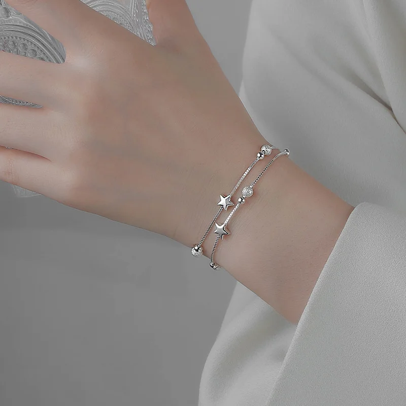 925 Sterling Silver Star Beaded Bracelets For Women Korean Designer Double Layered Adjustable Bracelet Party Exquisite Jewelry