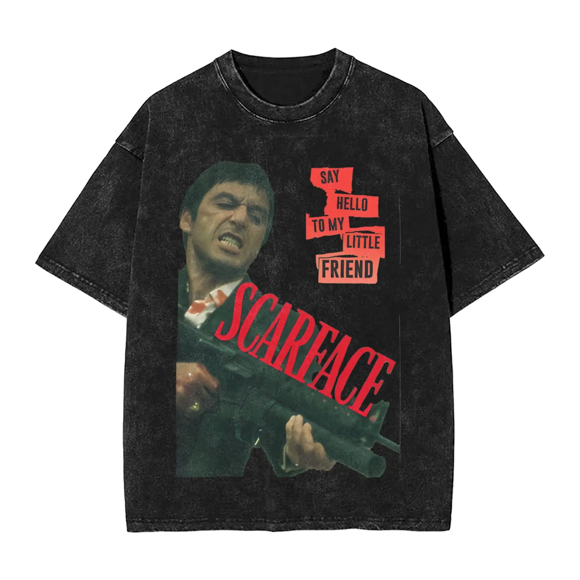 Scarface Say Hello To My Little Friend Poster Washed T Shirts Streetwear Hip Hop T-Shirt Tony Montana Tee Shirt Harajuku Summer